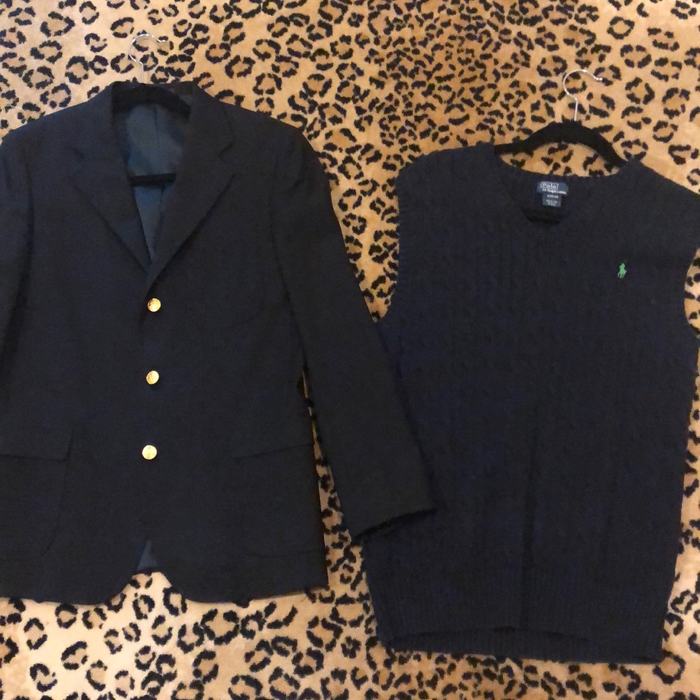 Boys navy blue blazer and sweater vest set